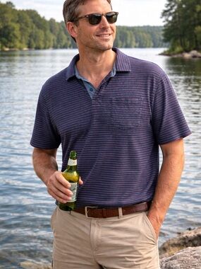 LL Bean Men's Navy Stripe Polo Shirt - Casual Short Sleeve